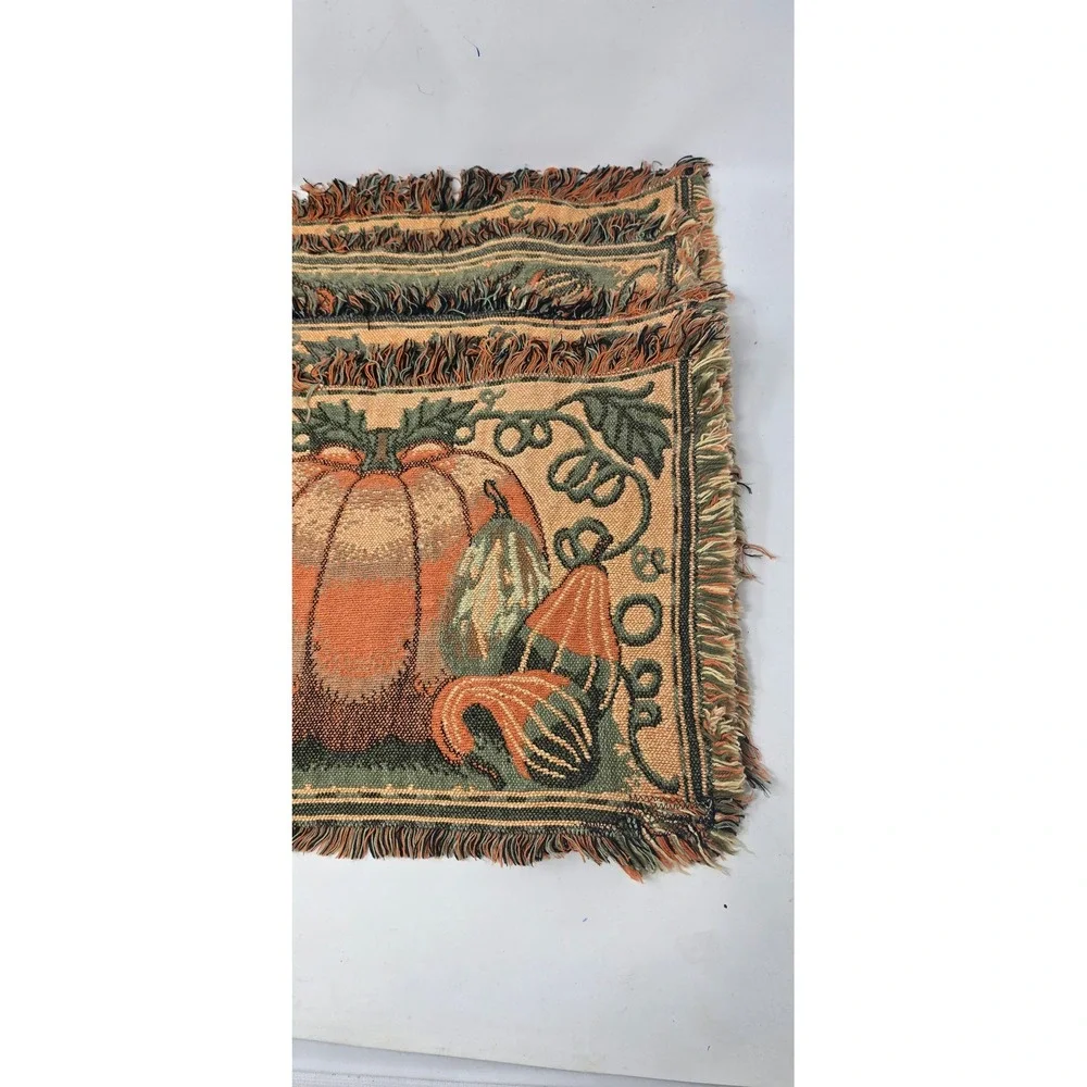 Vtg tapestry Autumn pumpkin placemats Thanksgiving harvest woven table linens